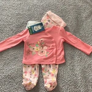 NWT Gerber 0-3 mos. 3-piece outfit.  Footed pants, long sleeve shirt, and hat.